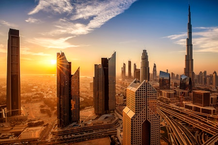 Burj Khalifa on the skyline at sunset