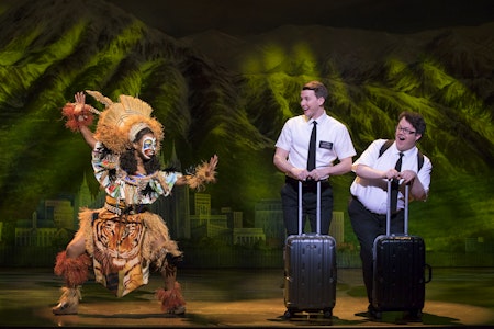 Destinee Rea as Mrs. Brown, Dave Thomas Brown as Elder Price, Cody Jamison Strand as Elder Cunningham in The Book of Mormon