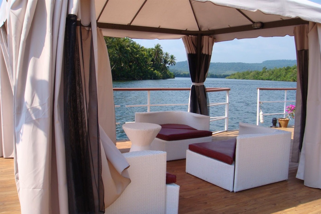 Indoor lounge area at 4 Rivers Floating Lodge, Cambodia