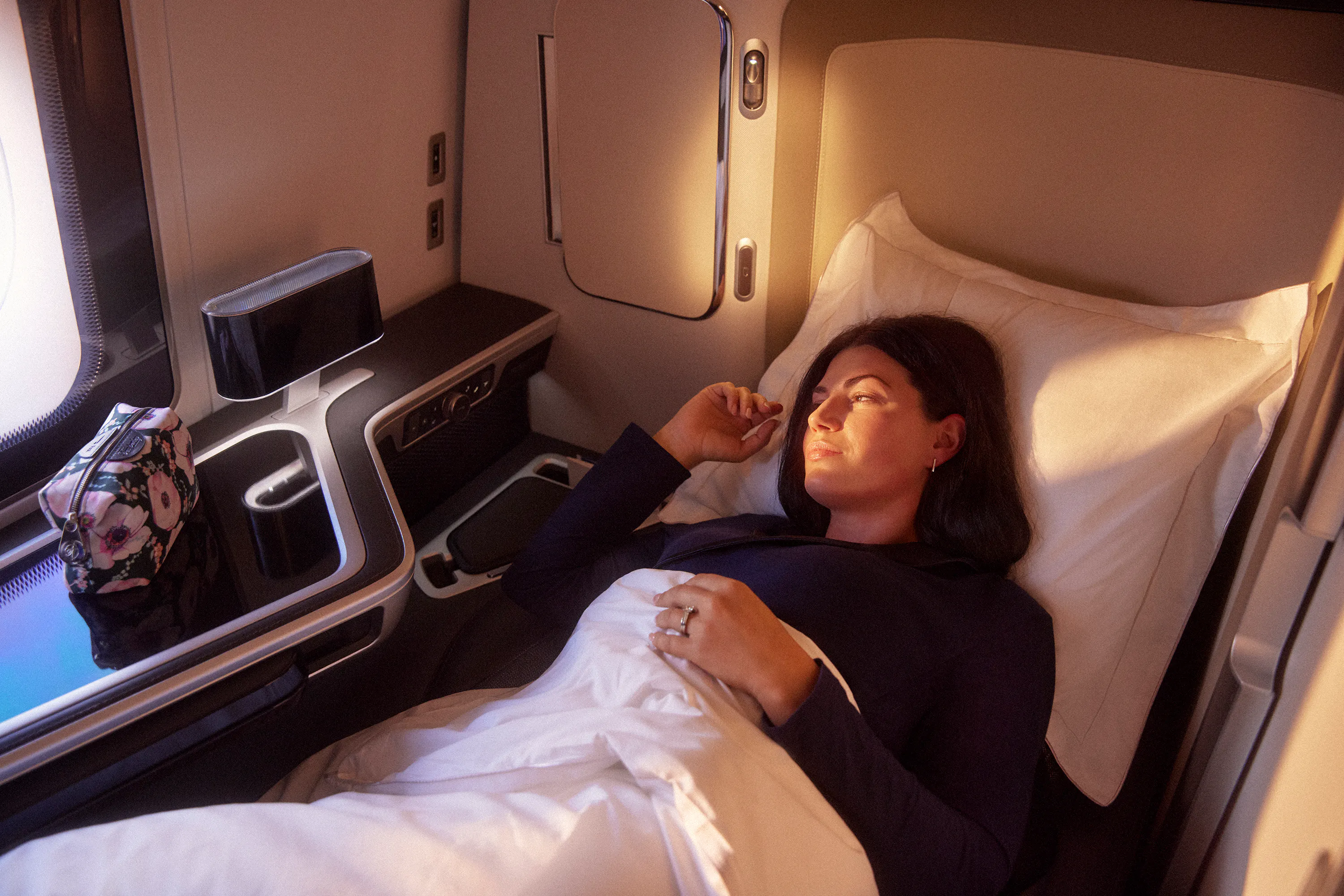 British Airways First - Flat bed and amenity bag